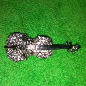White Crystal Violin Fiddle Brooch